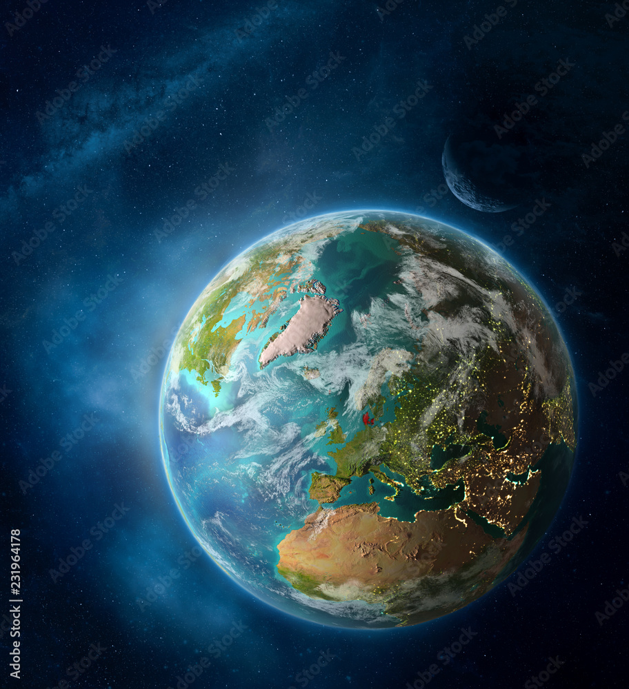 Obraz premium Denmark from space on Earth surrounded by space with Moon and Milky Way. Detailed planet surface with city lights and clouds.