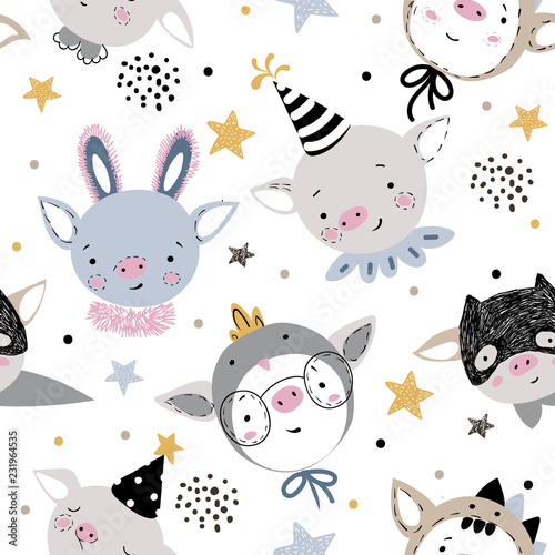 Fototapeta Naklejka Na Ścianę i Meble -  Seamless childish pattern with pigs in carnival costumes . Christmas scandinavian patch for kids fabric, wrapping, textile, wallpaper, apparel on white background.