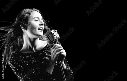Elegant woman singing , close up