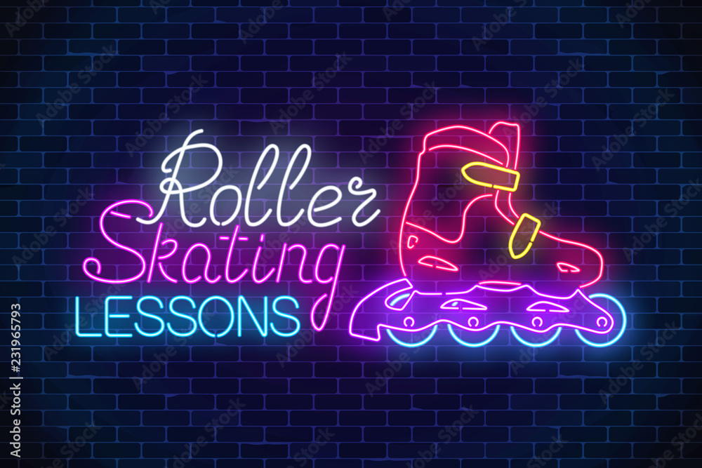 Vettoriale Stock Roller skates glowing neon sign. Roller skating lessons  advertising sign. Skate zone symbol in neon style. | Adobe Stock