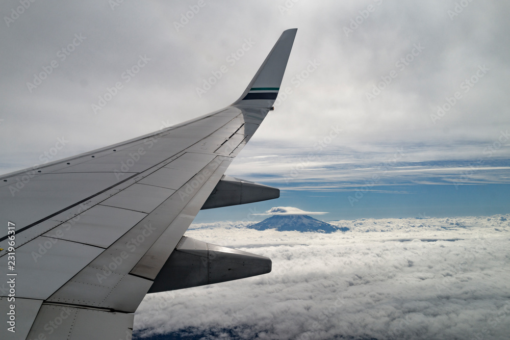 Fototapeta premium wing of an airplane flying above the clouds