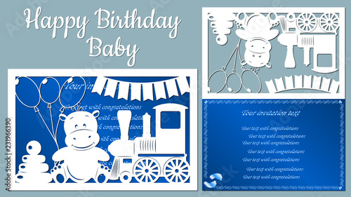 The image with the inscription-Happy birthday baby. Template with vector illustration of toys. Animals on the train. For laser cutting, plotter and silkscreen printing.