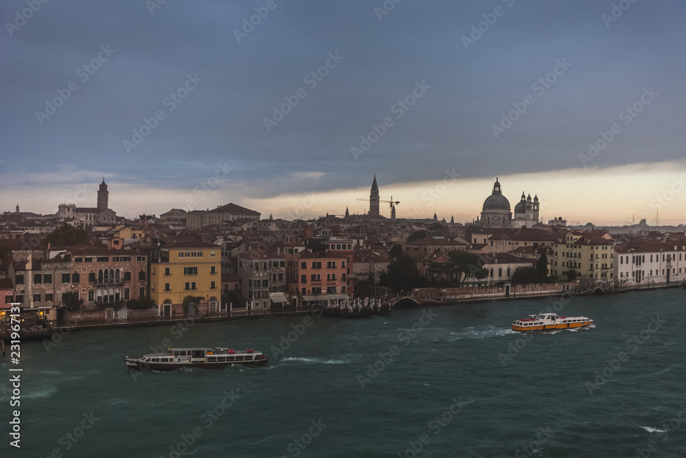 Aerial panorama of the Grand Canal and Venice on a rainy morning, Italy