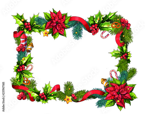 Fototapeta Naklejka Na Ścianę i Meble -  Colorful christmas rectangular wreath with pines, holly, poinsettia, berries, bretzels, ribbons.