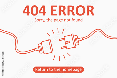 404 error. Page not found template with electric plug and socket. Design for web page - disconnect banner for website. Vector illustration.