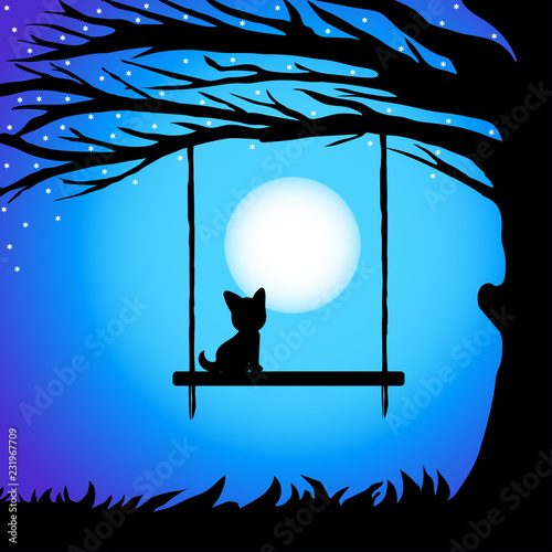 siluet branches of tree with cat on the swing against the night sky in a full moon photo