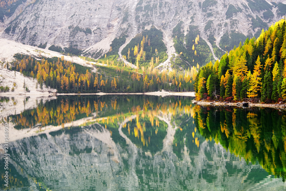 Fototapeta premium Autumn landscape at Braies Lake, Dolomites, Italy, Europe