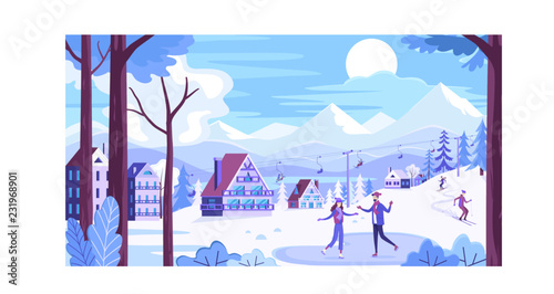 Winter mountains resort and happy people