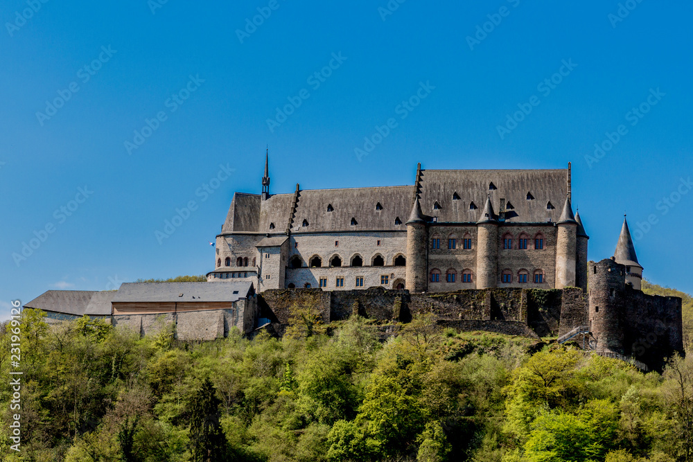 Aerial and side view of the castle of Vianden surrounded by lush green trees, blue sky in the background, it was built in Romanesque style between the 11th and 14th centuries, sunny day in Luxembourg
