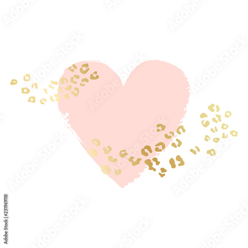 Heart shape vector background, brush illustration. Pink ink brush stroke with rich golden exotic leopard animal skin texture