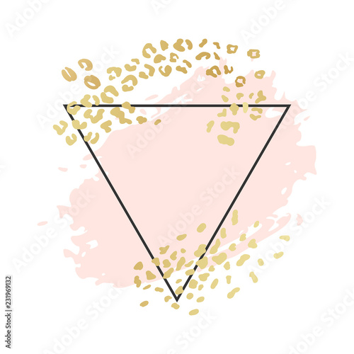 Abstract geometric vector background, brush illustration. Pink ink brush stroke with rich golden exotic leopard animal skin texture