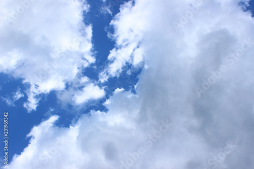 White and light gray cloud formations on deep blue sky river like