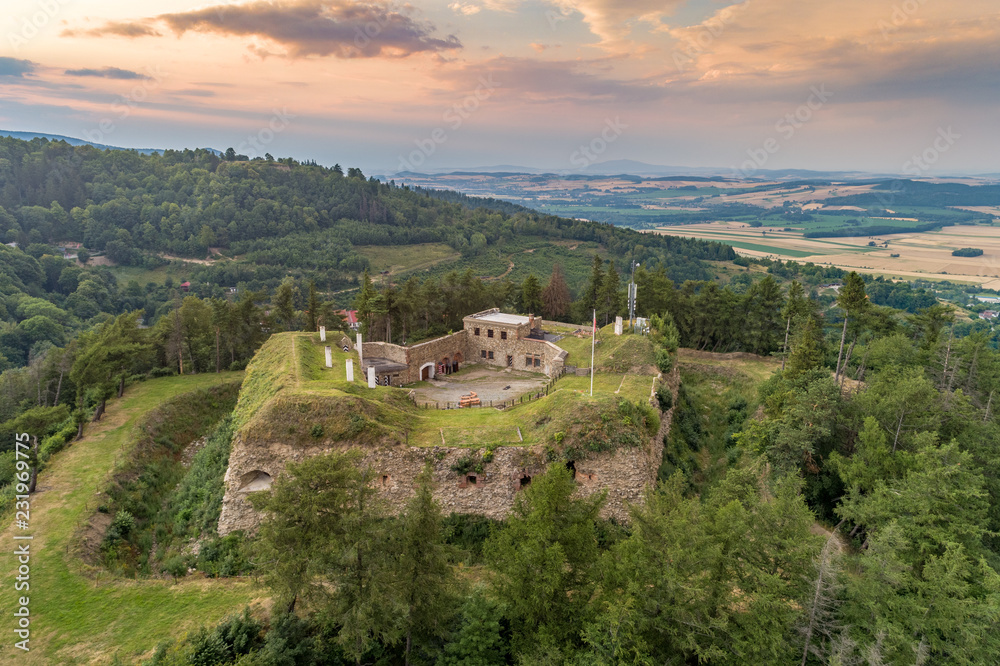 Srebrna Góra fortress with beautiful panorama of Sudety mountains aerial view