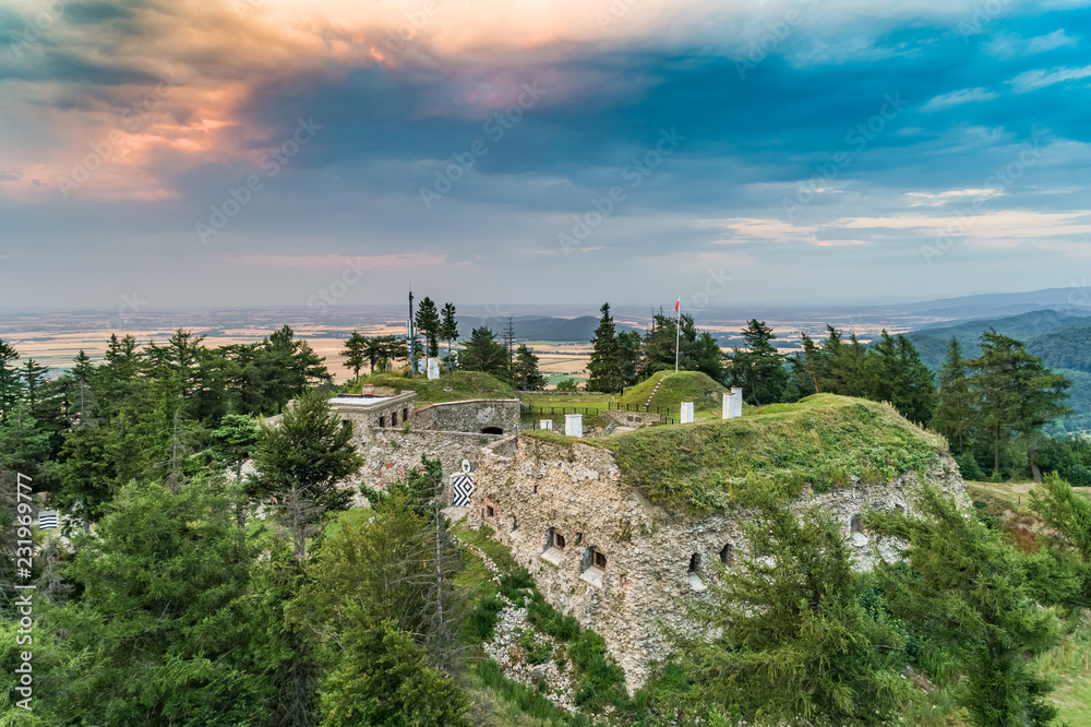 Srebrna Góra fortress with beautiful panorama of Sudety mountains aerial view