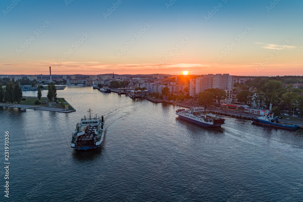 Fototapeta premium Ferry harbour in Świnoujście aerial view