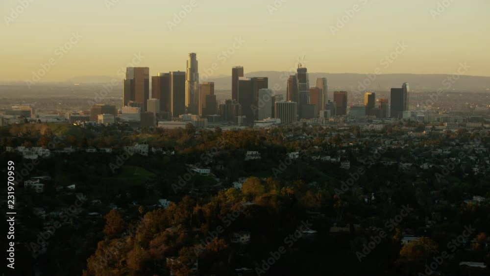 Aerial view at sunrise of Los Angeles financial buildings California USA