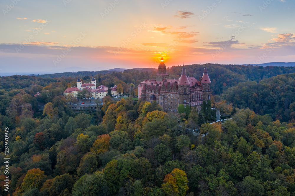 Książ castle at the sunset aerial view