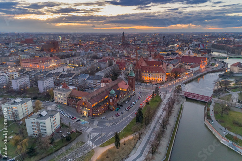 Wrocław marekt hall and city centre aerial view