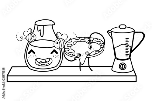 Kitchen and food kawaii cartoons in black and white