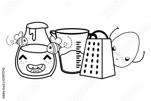 Kitchen and food kawaii cartoons in black and white