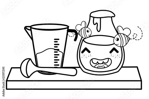 Kitchen and food kawaii cartoons in black and white