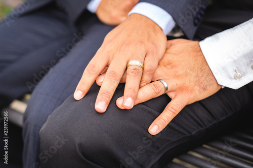 A hand with ring of gay couple in the park on their wedding day photo