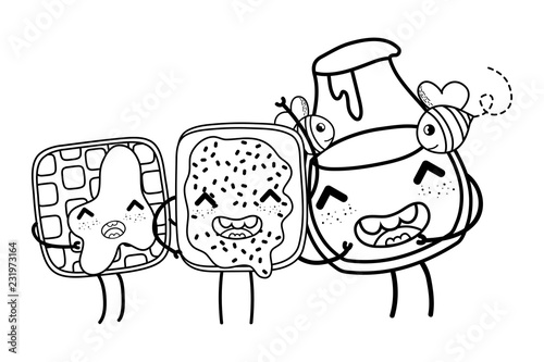 Kitchen and food kawaii cartoons in black and white