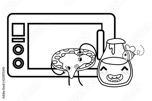 Kitchen and food kawaii cartoons in black and white