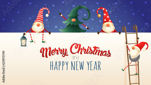 Cute Scandinavian Christmas Gnomes climb up the billboard using ladders. Merry Christmas and happy New year greeting card