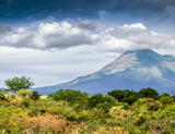 Mexican landscape with a hill with green vegetation and the Colima volcano in the background, sunny day with a blue sky and abundant clouds in the state of Jalisco Mexico