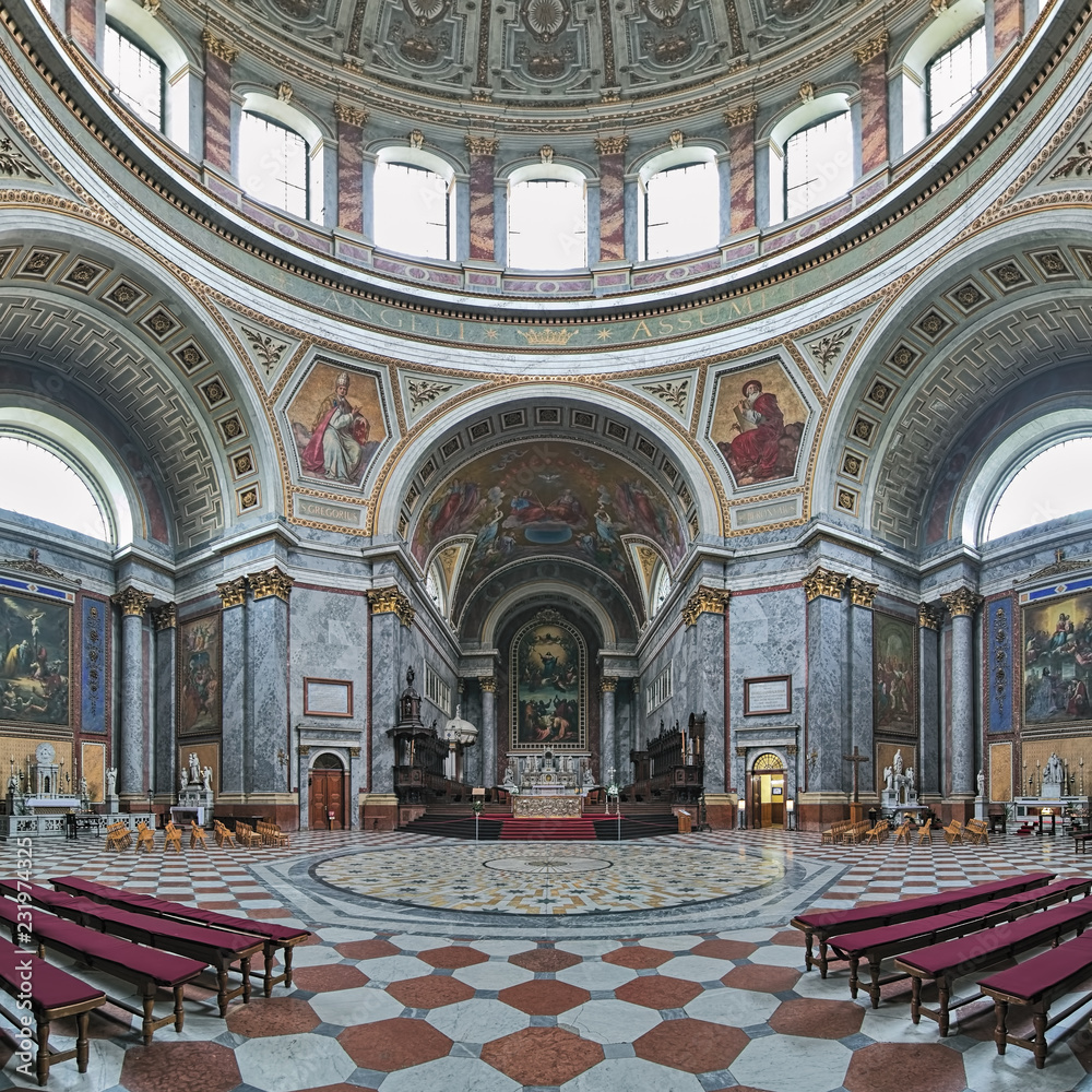 Interior of Esztergom Basilica. The Primatial Basilica of the Blessed Virgin Mary Assumed Into Heaven and St Adalbert is the seat of Catholic Church in Hungary and is the biggest building in country.