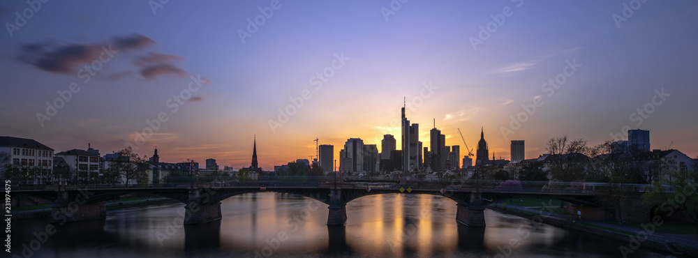 The skyline of the banking metropolis in Frankfurt am Main during a beautiful sunset. Concept: travel or landscapes