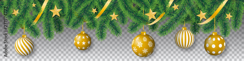 Seamless vector winter coniferous tree branches with needle leaves, golden stars, ribbons and hanging golden christmas bulbs on transparent background.