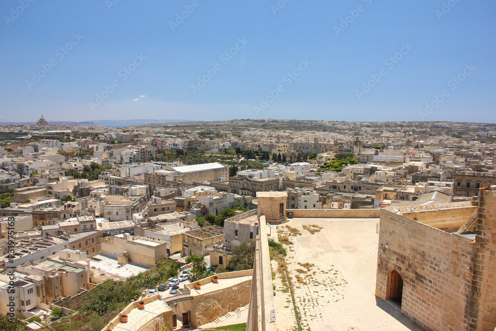 Panoramic view of narrow street in old town Rabat, now called Victoria on Gozo island, Malta