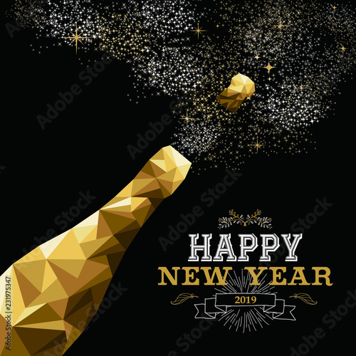 Happy new year 2019 champagne bottle low poly gold