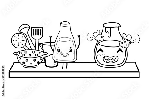 Kitchen and food kawaii cartoons in black and white