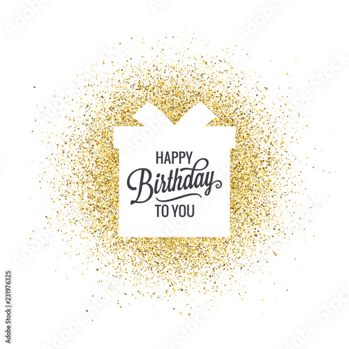 Birthday lettering gift box on golden glitter abstract background