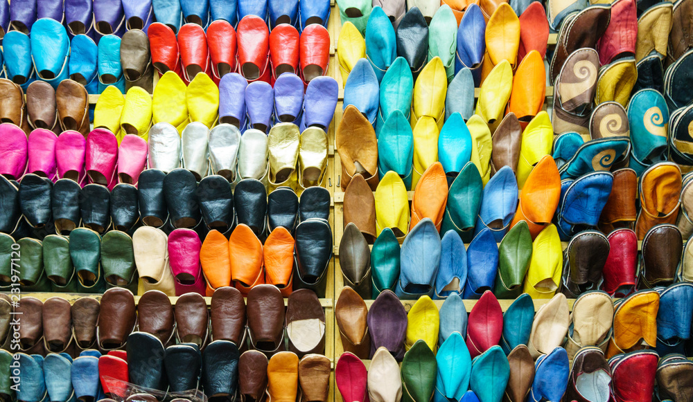 Marrakesh, Morocco, 14th October 2017. Display of brightly coloured slippers.