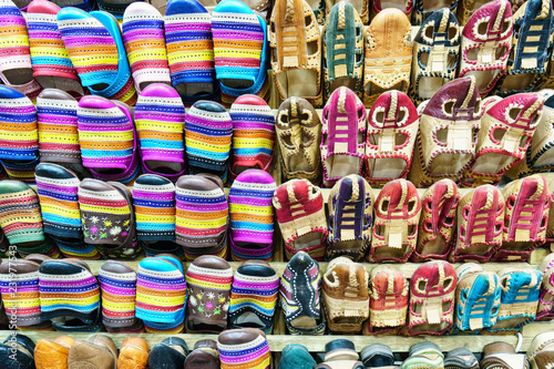 Marrakesh, Morocco, 14th October 2017. Display of brightly coloured slippers. © MarkLG1973