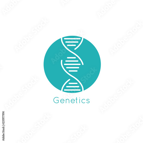 DNA vector icon in a circle with genetics text and medical theme blue color.