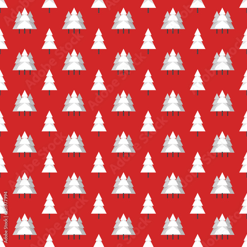 Snowy forest seamless pattern with red background. Repeating winter texture.