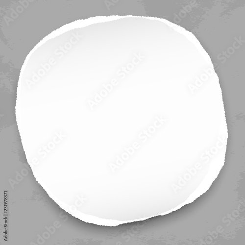 White round ripped paper with shadow for text or message on dark grey background. Vector illustration.