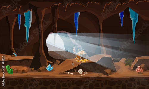 Treasure cave with chest gold coins, gems, crystals. Concept, art for computer game. Background image to use games, apps, banners, graphics. Vector cartoon illustration