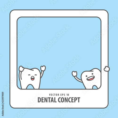 Photo frame with Tooth characters illustration vector on blue background. Dental concept.
