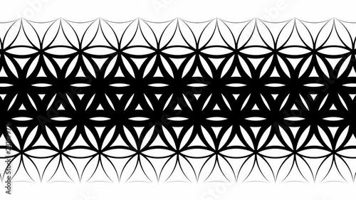 Abstract flower of life graphic slow motion black and white background pattern. Seamless loop