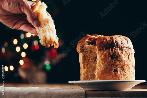 Christmas cake panettone and Christmas decorations.