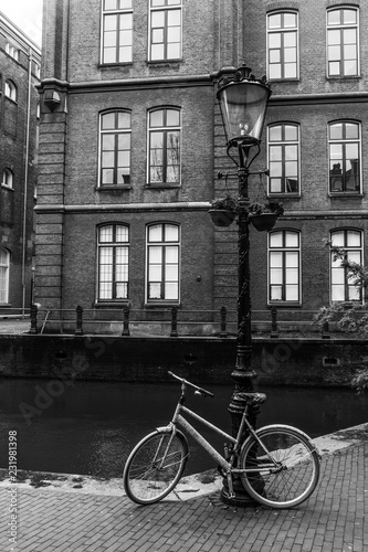 Bike near the canal in black and white, Amsterdam