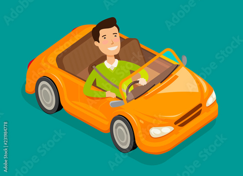 Man driving a electric car. Vehicle, cabriolet concept. Cartoon vector illustration