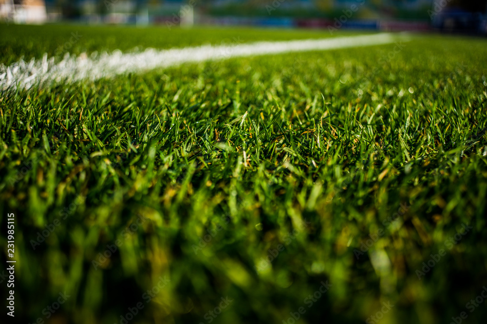 Green bright colorful grass pitch of football stafium, close up with beautiful bokeh and stripes