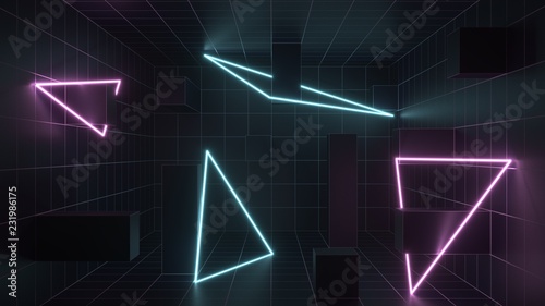 3d rendering. Futuristic tunnel with bright neon light. Artificial intelligence and virtual reality. Abstract digital background with blur and reflection. Programs, web, innovation concept